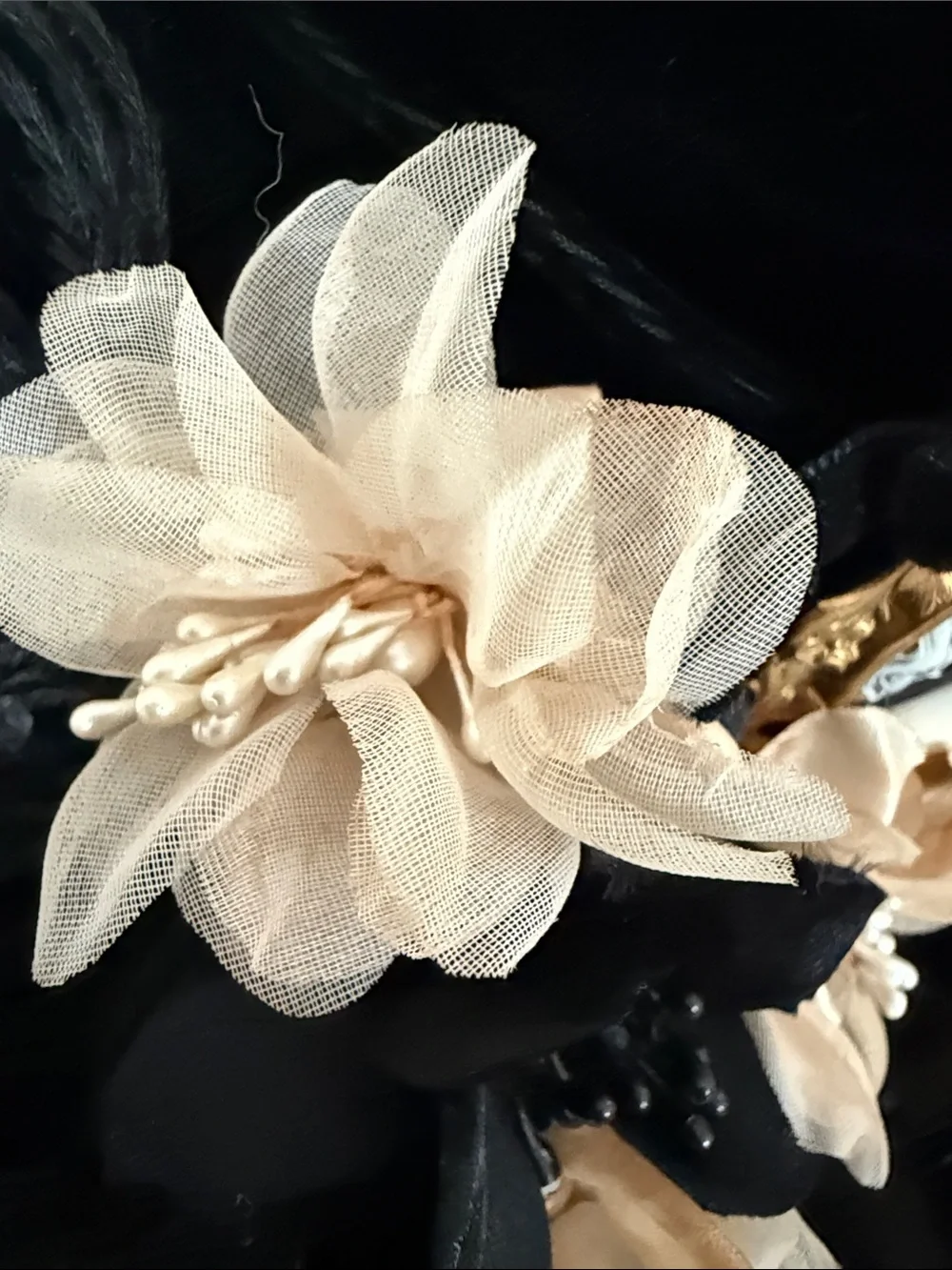 Vintage Hooray Henri Black Velvet Hat with Floral Accents and Gold Cameo